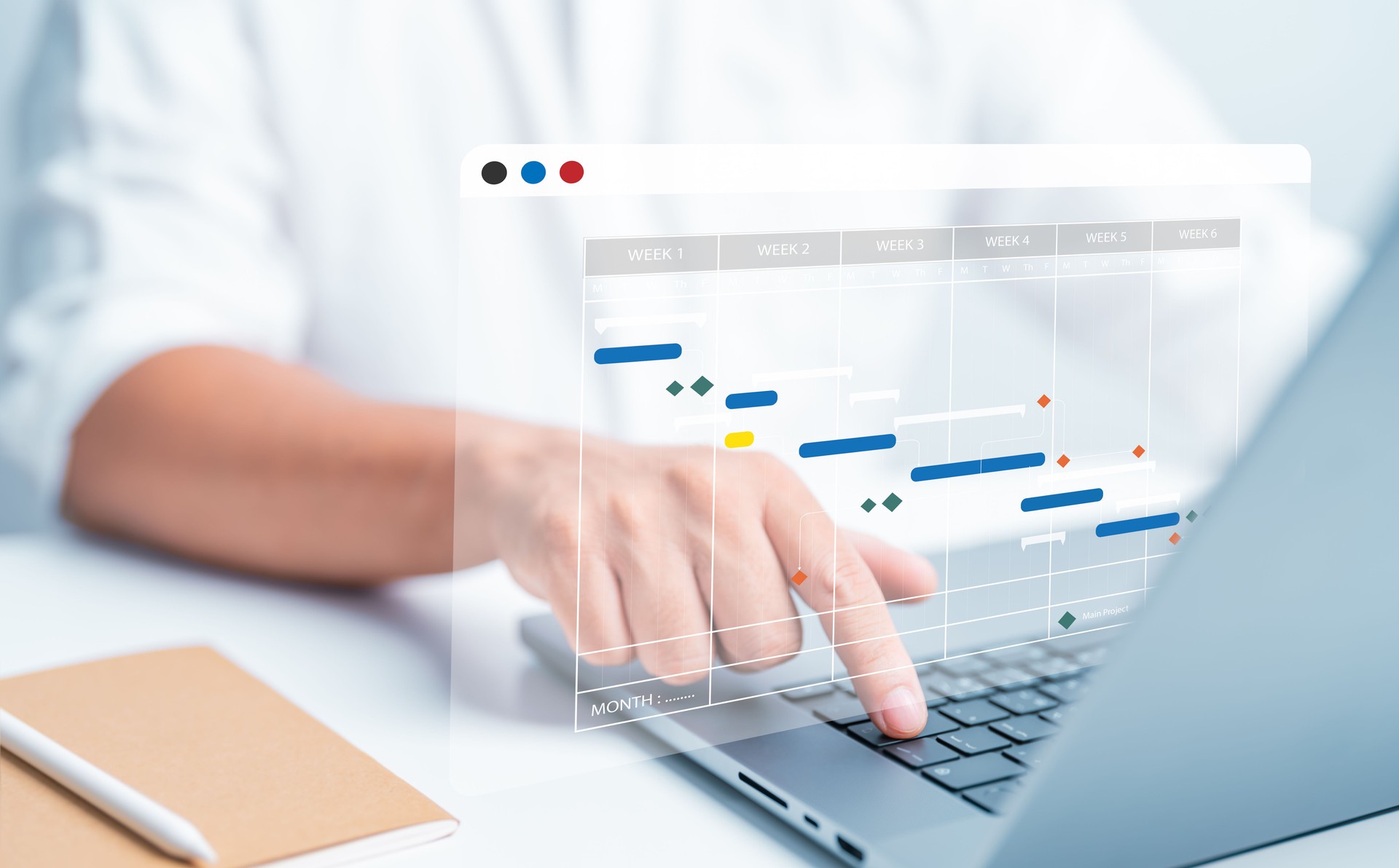 Project management or Site engineer makes proceeding report concept. Plant manager use planning software to generate Gantt chart schedules for updating construction progress and operations plan tasks.